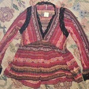 Free People boho lace trim long sleeve tunic